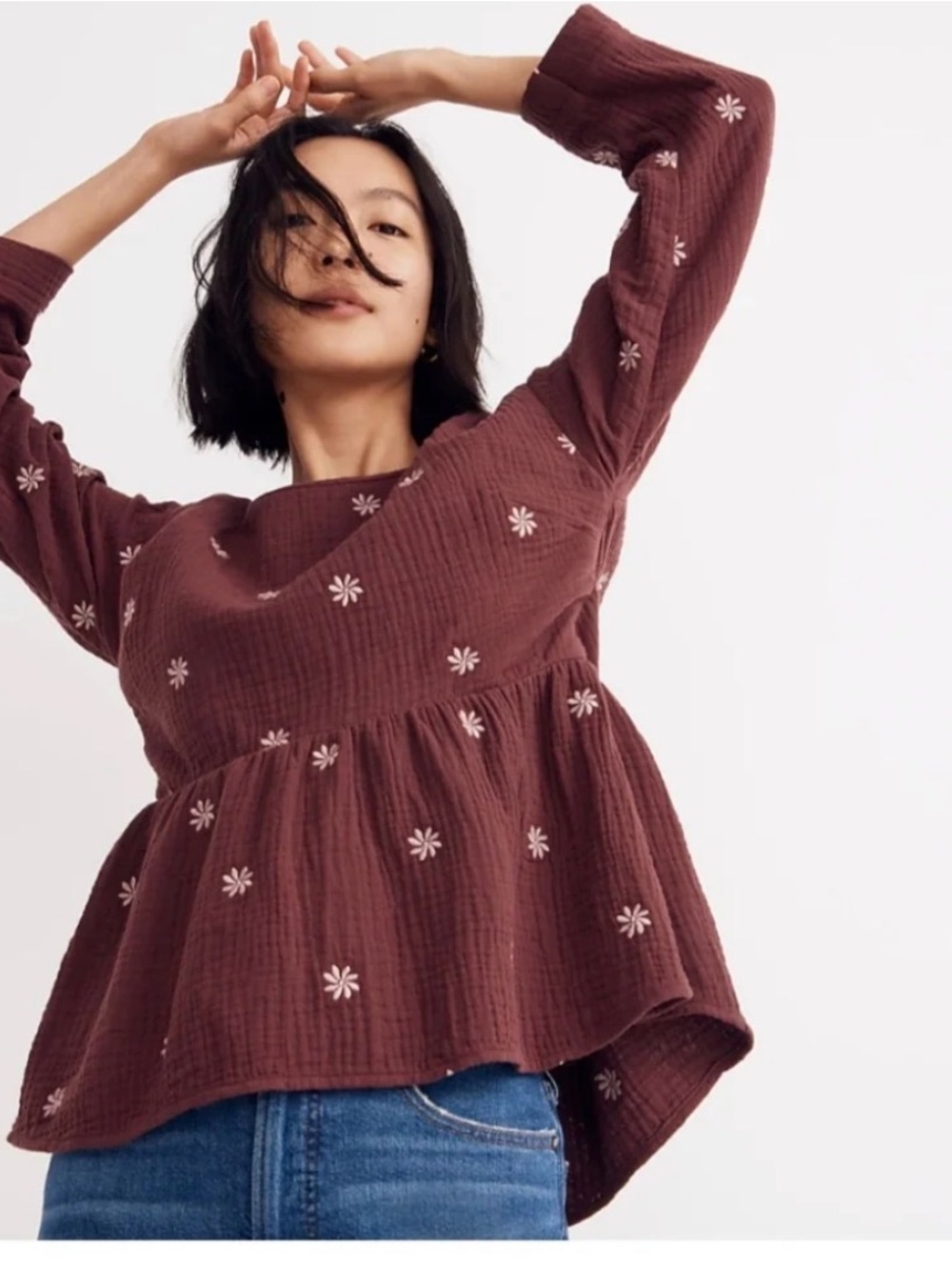 Madewell Maroon Floral-Embroidered Peplum Tunic